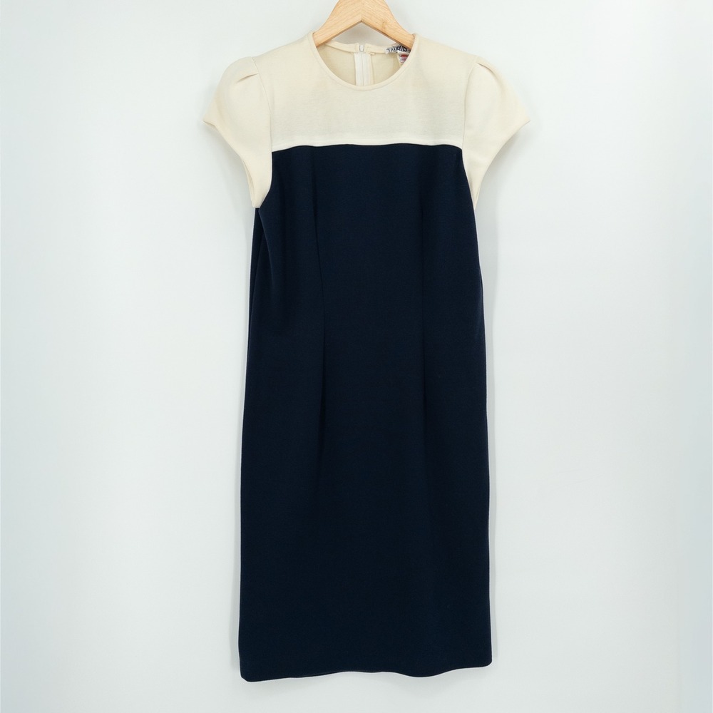 Vintage 60s Shift Mod Dress M/L Navy Ivory Color Block Jackie Kennedy Union Made